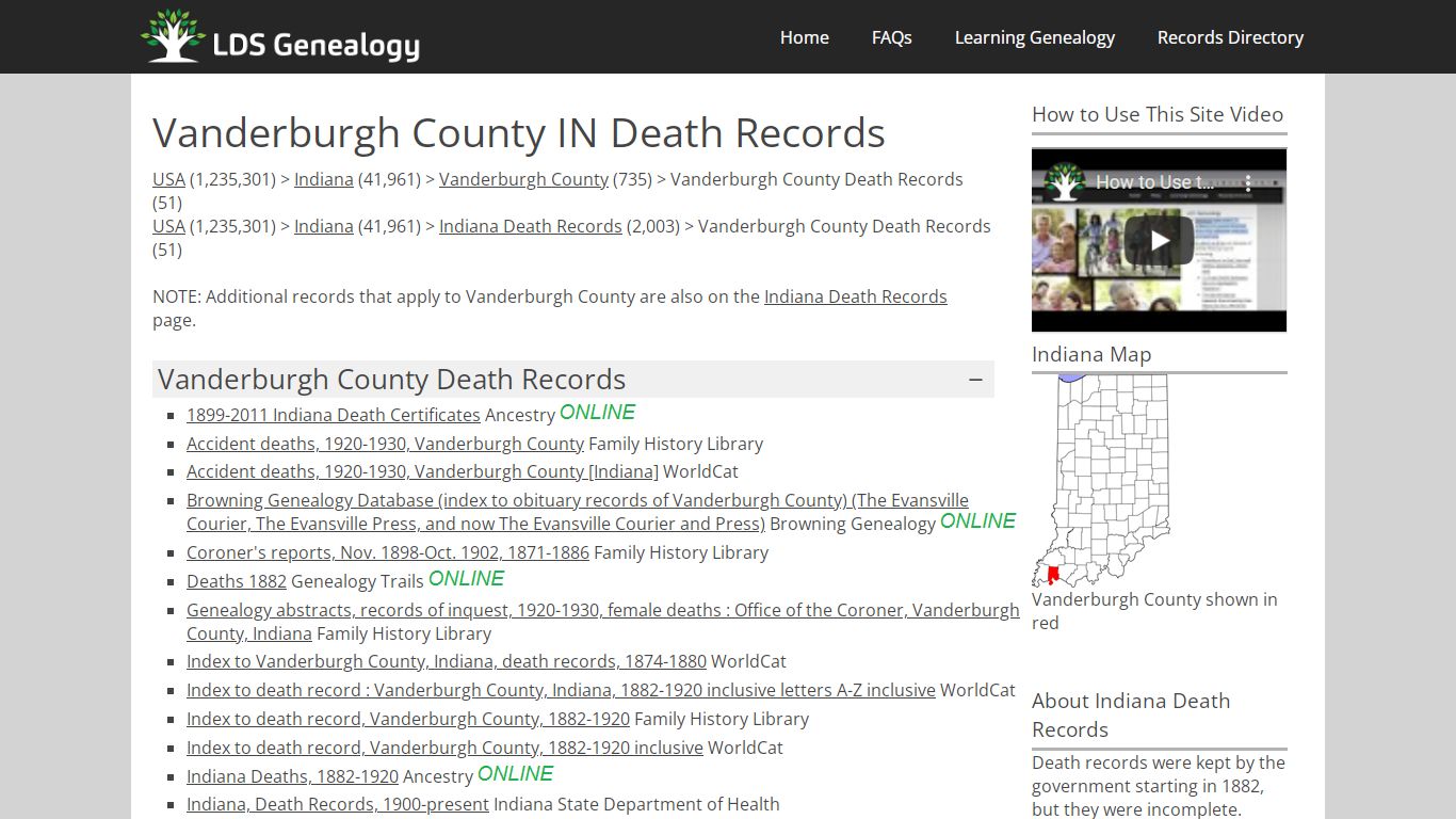 Vanderburgh County IN Death Records - LDS Genealogy